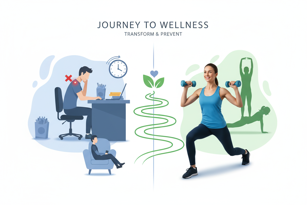 
During our working years, there are many factors which can impact our quality of life, both now and in the future. 

stress

improper postures

weight gain

muscle imbalances

joint pain from repetitive motion

By creating and regularly performing an exercise routine that takes your personal lifestyle, strengths, and weaknesses into account, we can prevent many of the issues listed above. 
